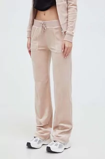 Spodnie damskie - Juicy Couture spodnie dresowe welurowe kolor beżowy gładkie - grafika 1
