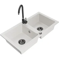 Zlewozmywaki z baterią - Mexen Mario zlewozmywak granitowy 2-komorowy z baterią kuchenną Telma, biały - miniaturka - grafika 1