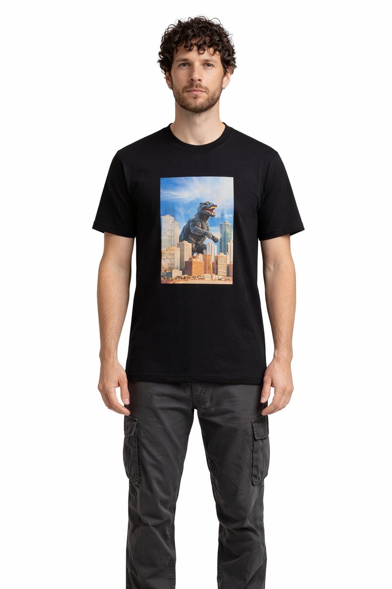 BOSS CZARNY T-SHIRT Z NADRUKIEM DINOZAURA I OKRĄGŁYM DEKOLTEM S 1I4A