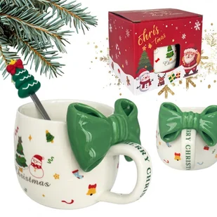 KUBEK ŚWIĄTECZNY Z KOKARDĄ - zestaw w pudełku z łyżeczką 400 ml KB25ZIE - Zabawki kreatywne - miniaturka - grafika 1