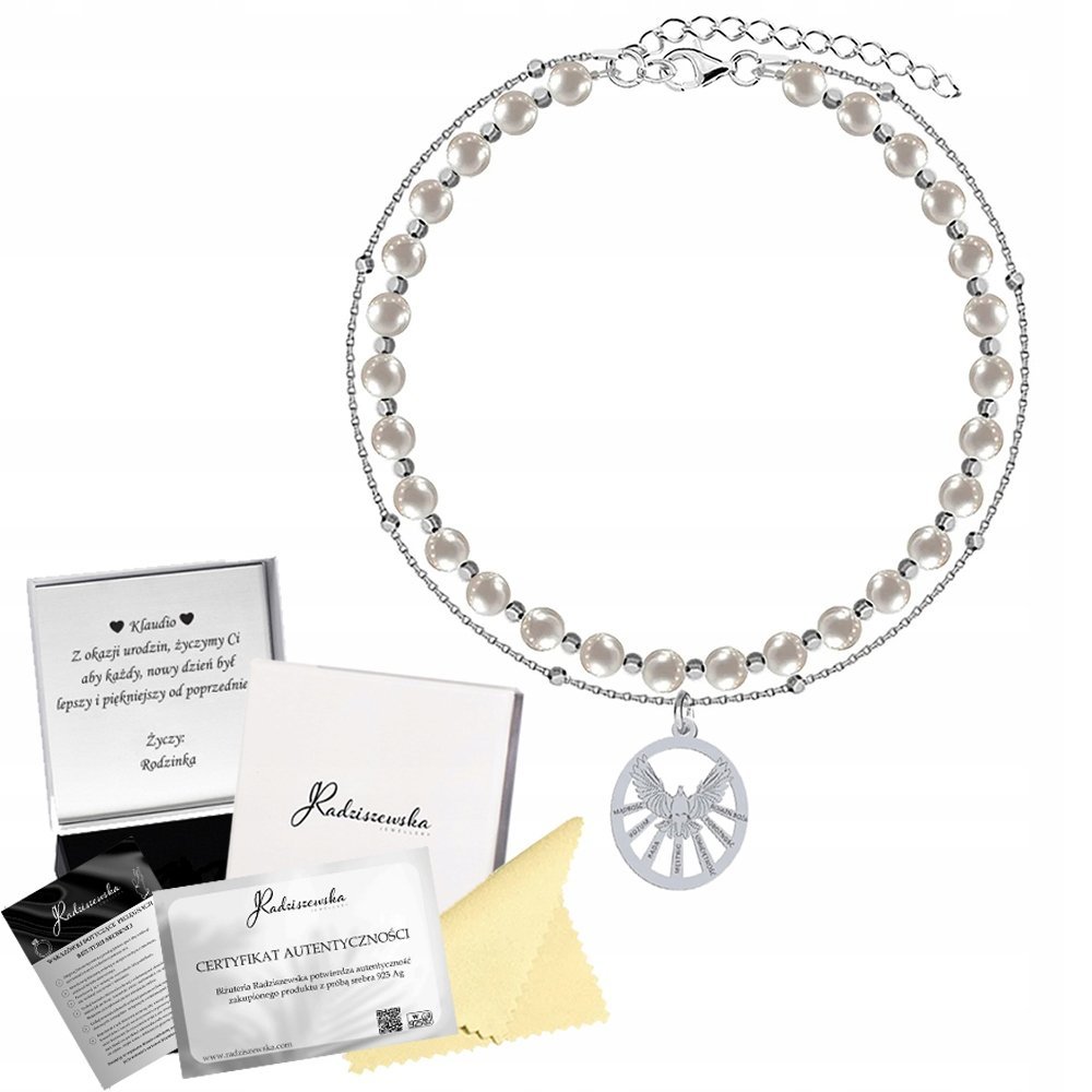 Bransoletka Srebrna na Bierzmowanie Duch Święty Perły Prezent 925 DEDYKACJA