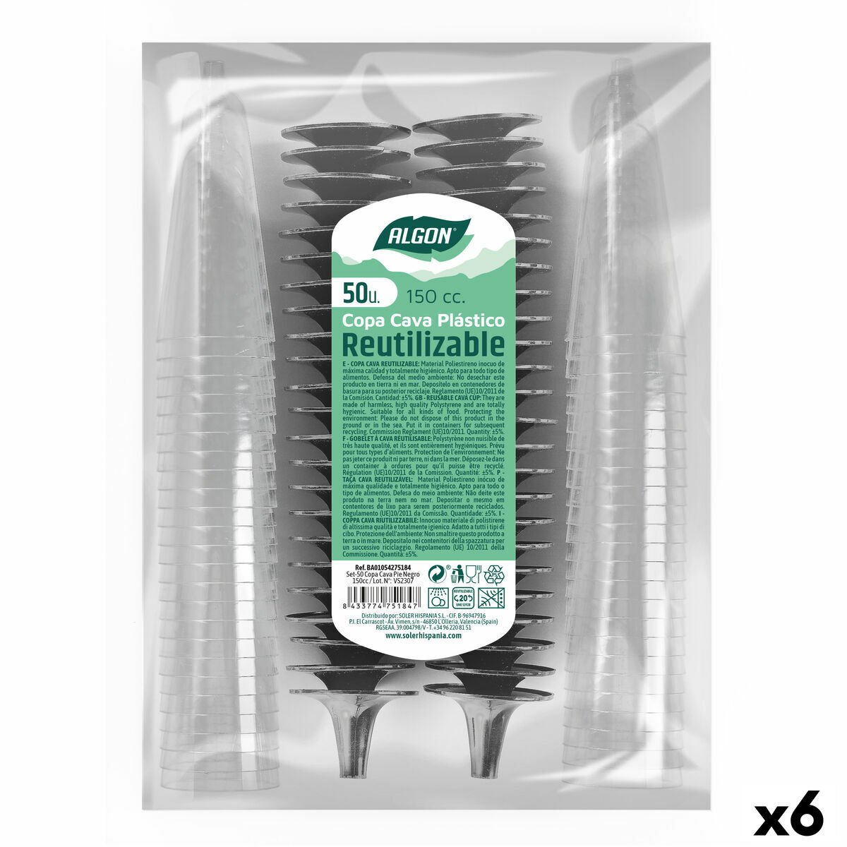 Kieliszki do szampana wielokrotnego użytku Algon czarne 6 sztuk 150 ml (50 sztuk)