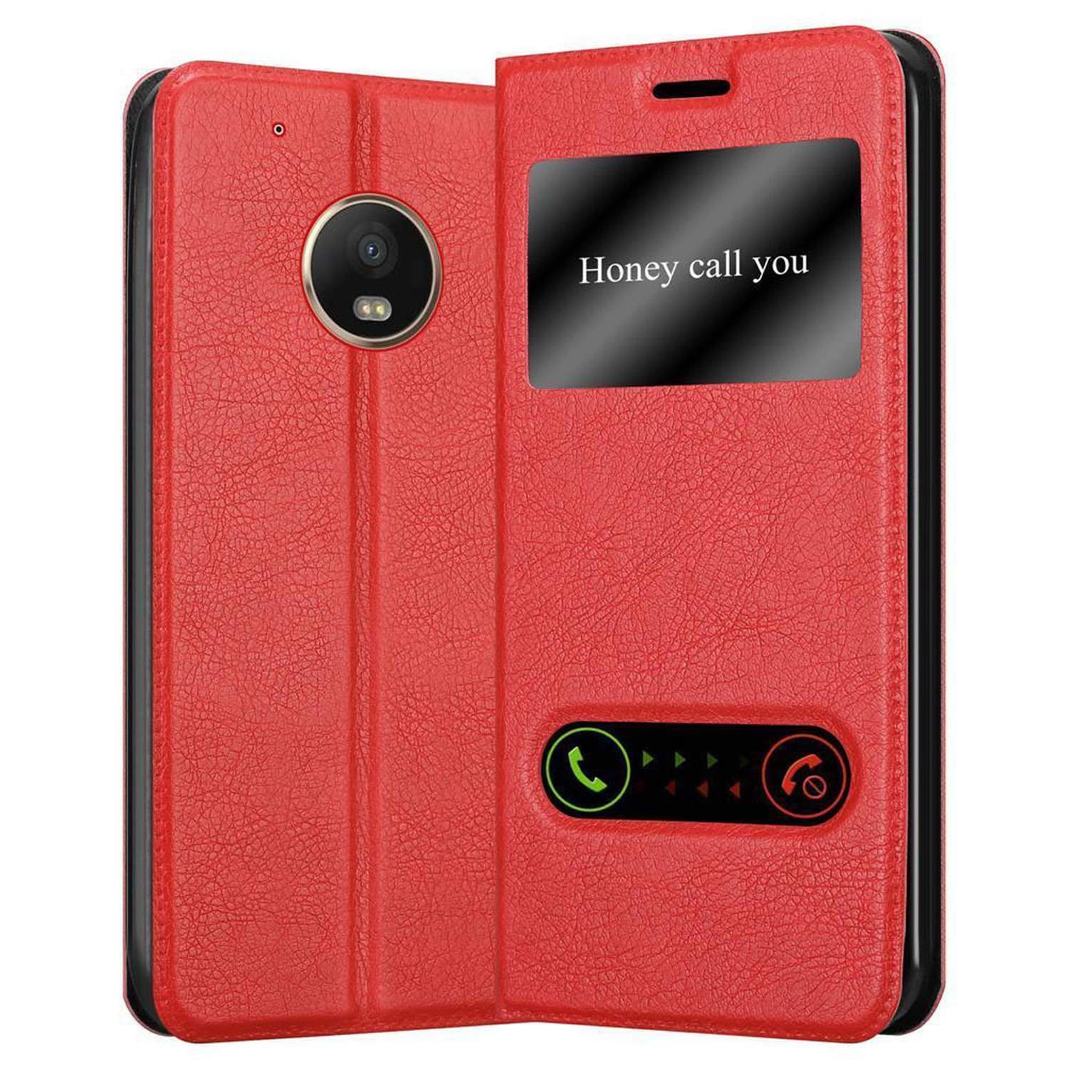 Etui Cadorabo do Motorola MOTO G5 PLUS w kolorze SAFRAN RED Etui na telefon komórkowy z magnetycznym zamknięciem, funkcją podstawki i 2 okienkami do podglądu Etui Etui ochronne Etui z klapką w stylu książki