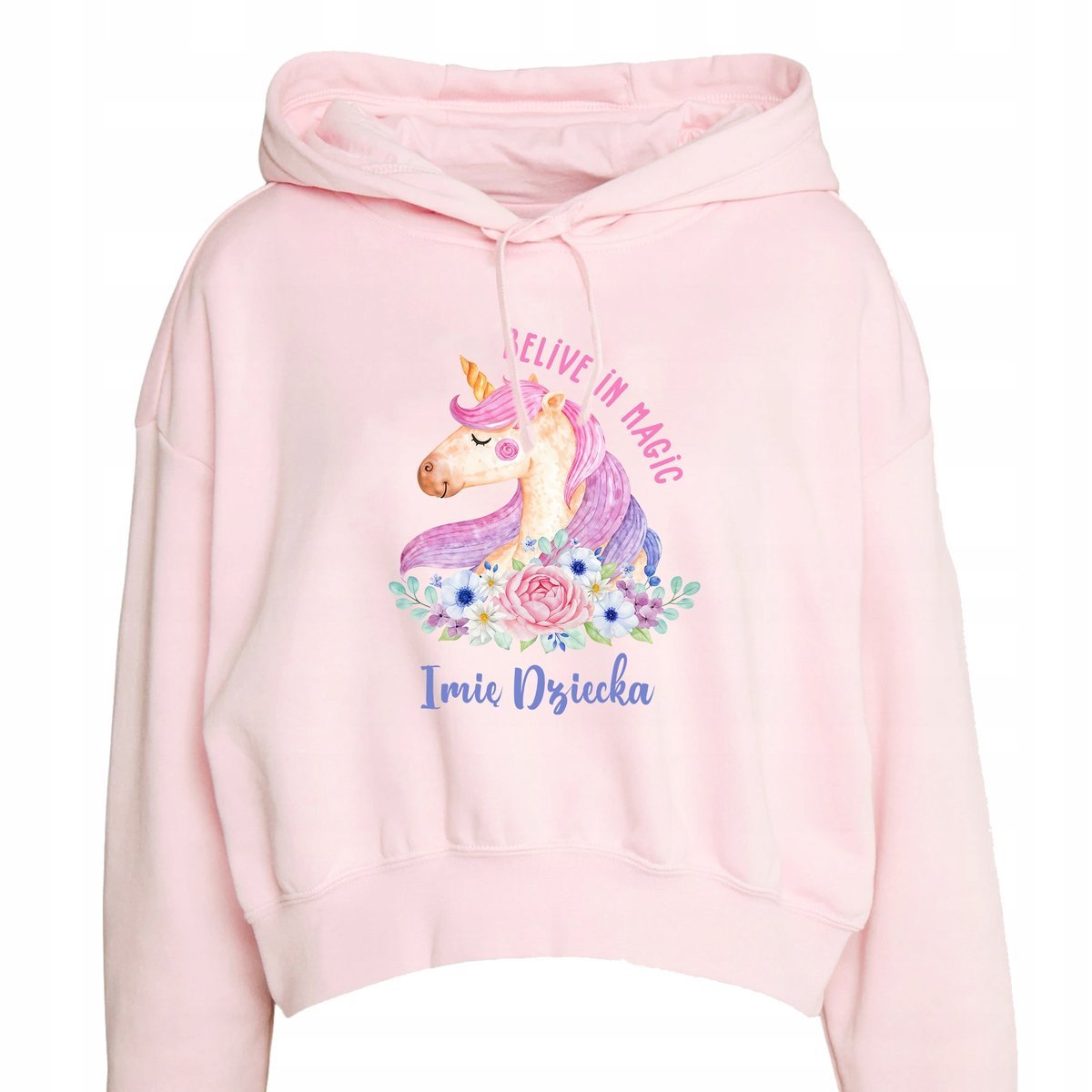 BLUZA DZIECIĘCA CROPPED JUNIOR RÓŻOWA WIERZĘ W MAGIĘ IMIĘ ROZMIAR 110-116cm