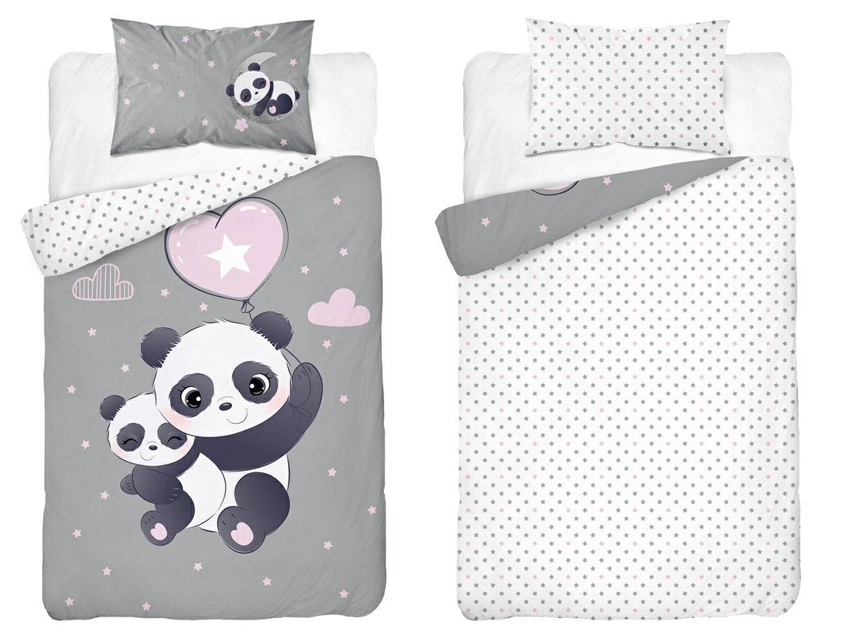 Pościel bambusowa dziecięca 90x120 szara z różowymi akcentami i pandami Baby Bamboo