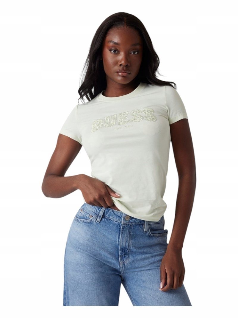 GUESS KOSZULKA DAMSKA T-SHIRT CN SS LOGO LACE TEE BIAŁA r.S