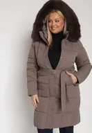 Kurtki damskie - Brązowa Pikowana Kurtka z Kapturem z Futrem i Wiązanym Paskiem Mevinatia - miniaturka - grafika 1