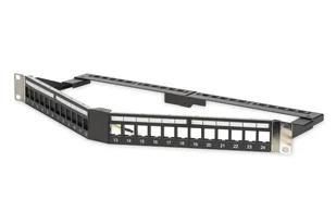 Digitus Panel krosowy (patch panel) kątowy 19" 24x keystone, ekranowany, 1U, czarny, prowadnica kabli, pola opisowe DN-91414S - Panele krosownicze - miniaturka - grafika 1