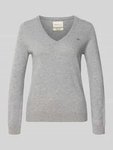 Sweter z dzianiny z mieszanki wełny jagnięcej z dekoltem w serek - Swetry damskie - miniaturka - grafika 1