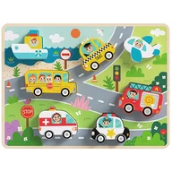 Układanki dla dzieci - Tooky Toy Drewniane Puzzle Pojazdy Samochody Samolot Statek Miasto Dopasuj Kształty - miniaturka - grafika 1