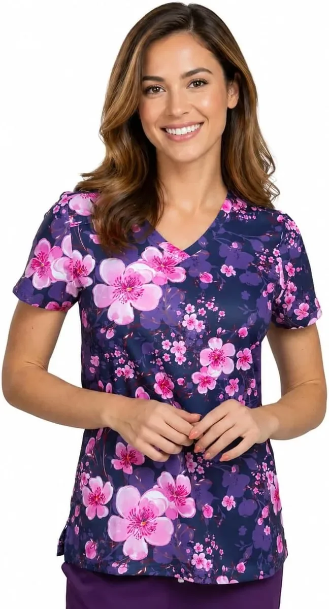BLUZA MEDYCZNA DAMSKA WZÓR CHIRURGICZNA WIŚNIE PRAKTYCZNA ELEGANCKA