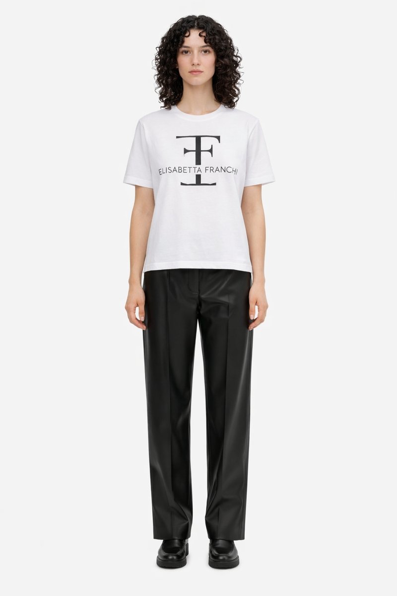 ELISABETTA FRANCHI BIAŁY T-SHIRT Z DUŻYM LOGO Z BAWEŁNY 40 1I3A