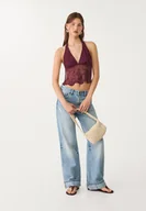 Koszulki i topy damskie - Stradivarius Top z dekoltem halter, haftowany z błyszczącymi detalami Fioletowy XS - miniaturka - grafika 1