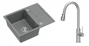 Quadron Unique Zlewozmywak granitowy jednokomorowy 62*50*22 cm z ociekaczem MORGAN 116 SILVER STONE z syfonem Push-2-Open w kolorze stalowym z baterią JESSICA Q LINE z wyciąganą wylewką i funkcją prysznica kolor stal szczotkowana - Zlewozmywaki z baterią - miniaturka - grafika 1