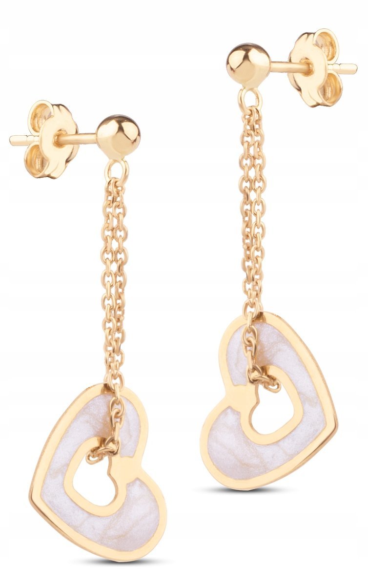 ZŁOTE KOLCZYKI WISZĄCE MASA PERŁOWA SERCE 585