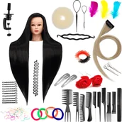 Główki treningowe - Zestaw główka treningowa Ilsa 90 Black, włos syntetyczny + 80 akcesoriów + uchwyt, fryzjerska do czesania, głowa do ćwiczeń - miniaturka - grafika 1