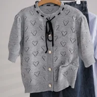 Swetry damskie - TEMU Bluzki wiosenno-letnie, cienkie, z motywem , szare, z krótkim rękawem, kardigan sweter Okrągły dekolt, kokarda, sznurowane, casualowy styl, - miniaturka - grafika 1