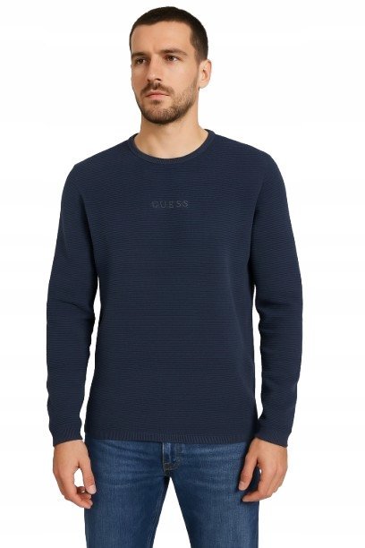 Guess Granatowy Bawełniany Sweter Męski z Okrągłym Dekoltem XS Gma