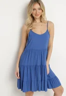 Sukienki - Niebieska Rozkloszowana Sukienka z Bawełny na Ramiączkach z Falbanami Lilivane - miniaturka - grafika 1