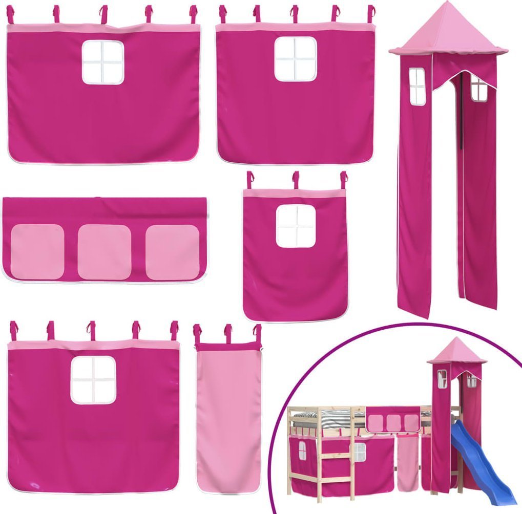 Zasłony i wieża do łóżka piętrowego, różowe, poliester