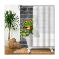 Zasłony prysznicowe - 120x180cm zasłona prysznicowa z kreskówkową żabą, urocza, zabawna żaba z dużym okiem, szara, ceglana ściana, biała zasłona do łazienki - miniaturka - grafika 1