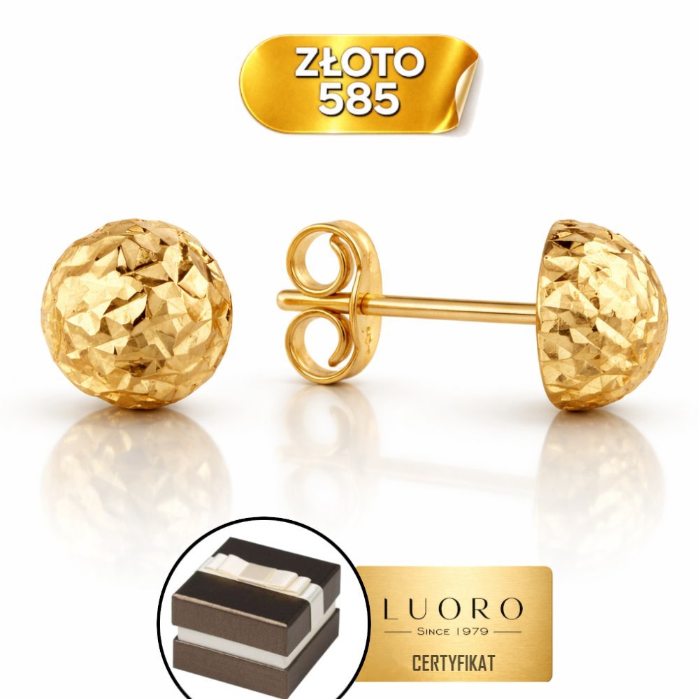 KOLCZYKI ZŁOTE 585 14K PÓŁ KULKI DIAMENTOWANE SZTYFT ŚREDNICA 10 MM