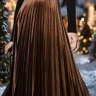 Spódnice - TEMU Elegancka Brązowa Aksamitna Plisowana Spódnica z Elastycznym Pasem - Wysoki Stan, Przewiewny Dizajn dla Kobiet, Idealna na Jesienno-Zimowy Styl - miniaturka - grafika 1