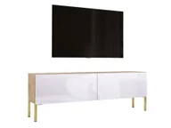 Szafki RTV - Szafka pod telewizor w kolorze dąb Wotan / biały wysoki połysk z nogami w kolorze złotym, A: szer: 140 cm cm, wys: 52 cm, gł: 32 cm. Meble pod telewizor, stolik pod telewizor, ława pod telewizor - miniaturka - grafika 1