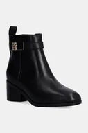 Botki damskie - Tommy Hilfiger botki skórzane TH LOGO MID HEEL BOOTIE damskie kolor czarny na słupku FW0FW08179 - miniaturka - grafika 1