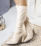 Botki damskie - Beżowe kozaki na słupku Velass-37 - miniaturka - grafika 1