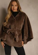 Swetry damskie - Brązowe Futerkowe Ponczo Ozdobione Paskiem Monareva - miniaturka - grafika 1