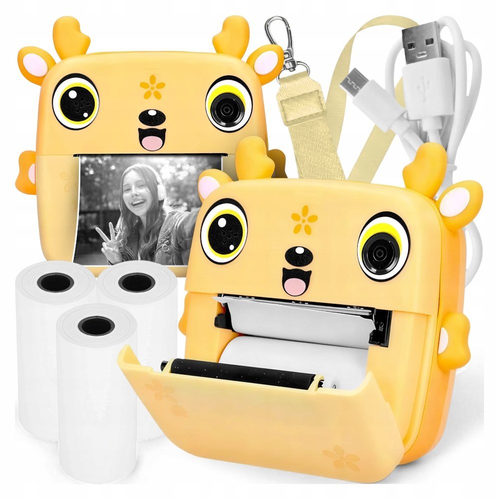 DRUKUŚ 3.0 PRO ZÓŁTY JELONEK MINI APARAT DRUKARKA TERMICZNA 3 ROLKI ZESTAW