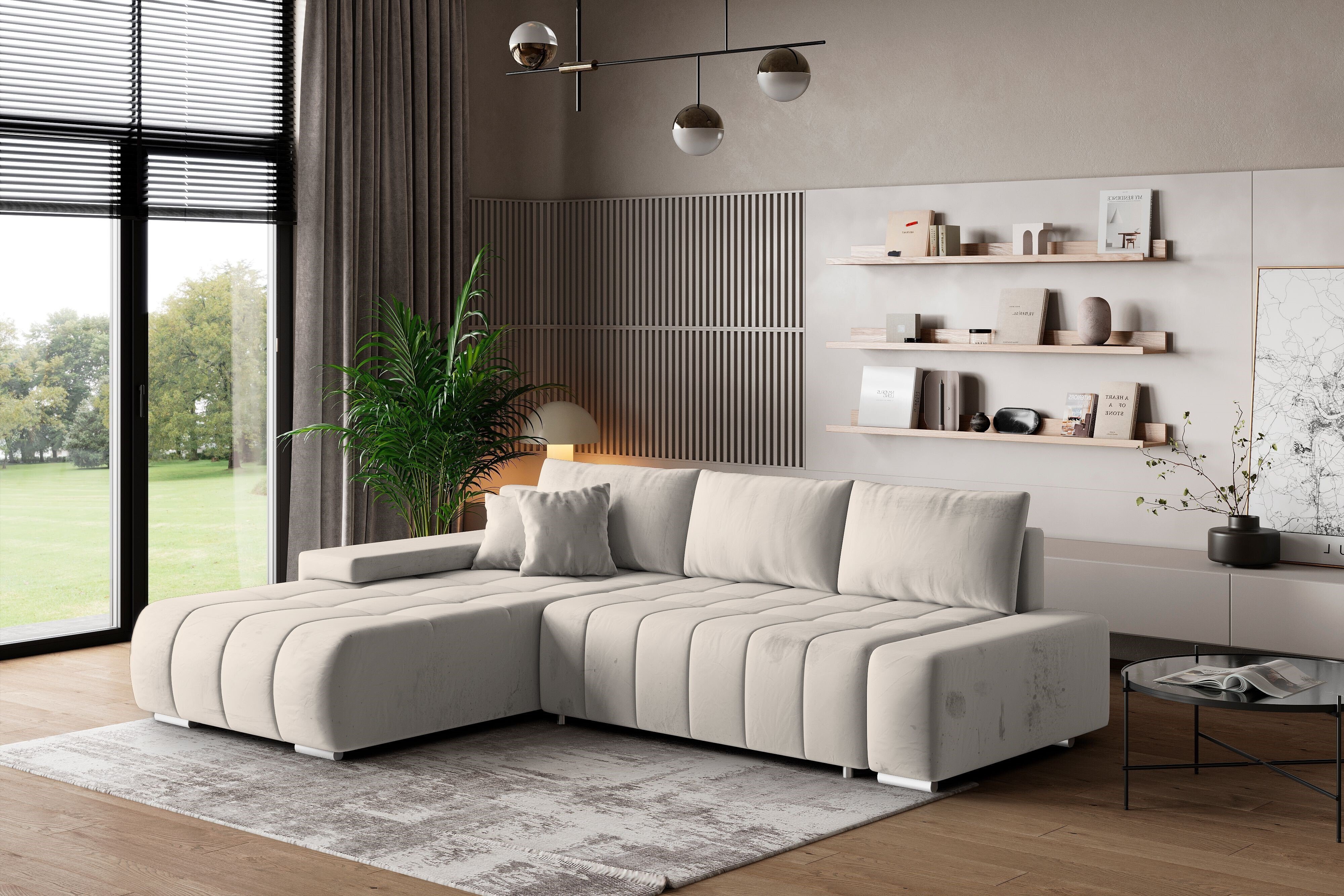 Masseno Narożnik ALESE L-S z funkcją spania i pojemnikiem na pościel Kształt L, Rozkładana sofa, Rogówka - Kremowy, MONOLITH 02