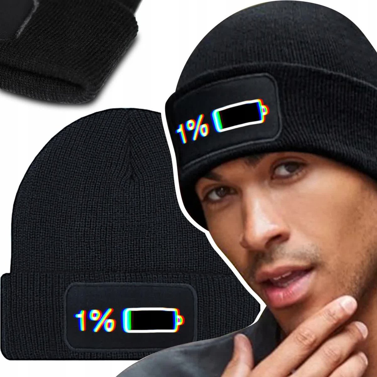 Zimowa Wygodna Czapka Czarna LOW BATTERY Mix Wzory