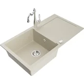 Zlewozmywaki z baterią - Mexen Leo zlewozmywak granitowy 1-komorowy z ociekaczem i baterią kuchenną Carla, beżowy - miniaturka - grafika 1