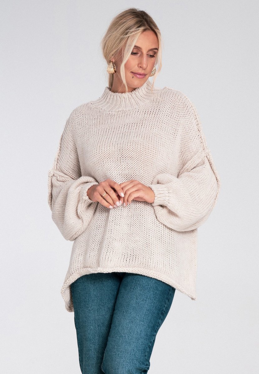 Damski sweter oversize z półgolfem i bufiastymi rękawami gruby na jesień i zimę - M1238, beżowy, XL
