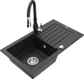 Zlewozmywaki z baterią - Mexen Pablo zlewozmywak granitowy 1-komorowy z ociekaczem i baterią kuchenną Savita, czarny/złoty metalik - 6510-75-672601-70 - miniaturka - grafika 1