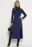 Sukienki - Granatowa Sukienka z Półgolfem Taliowana z Rozcięciem na Boku Sailea - miniaturka - grafika 1