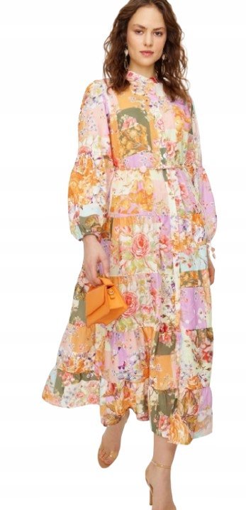 TRENDYOL KOLOROWA SUKIENKA MIDI W KWIATOWY PRINT Z KOŁNIERZYKIEM 38 5AA