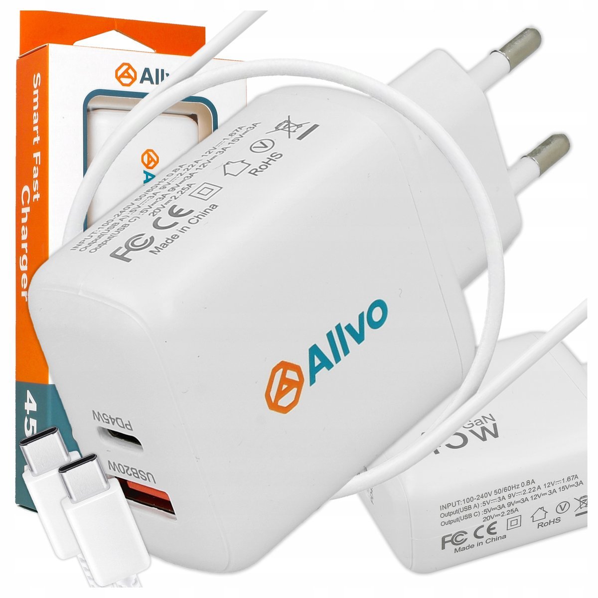 Ładowarka sieciowa Allvo GaN QC-3.0 PD 45W 1xUSB-C 1x USB biała + Kabel C