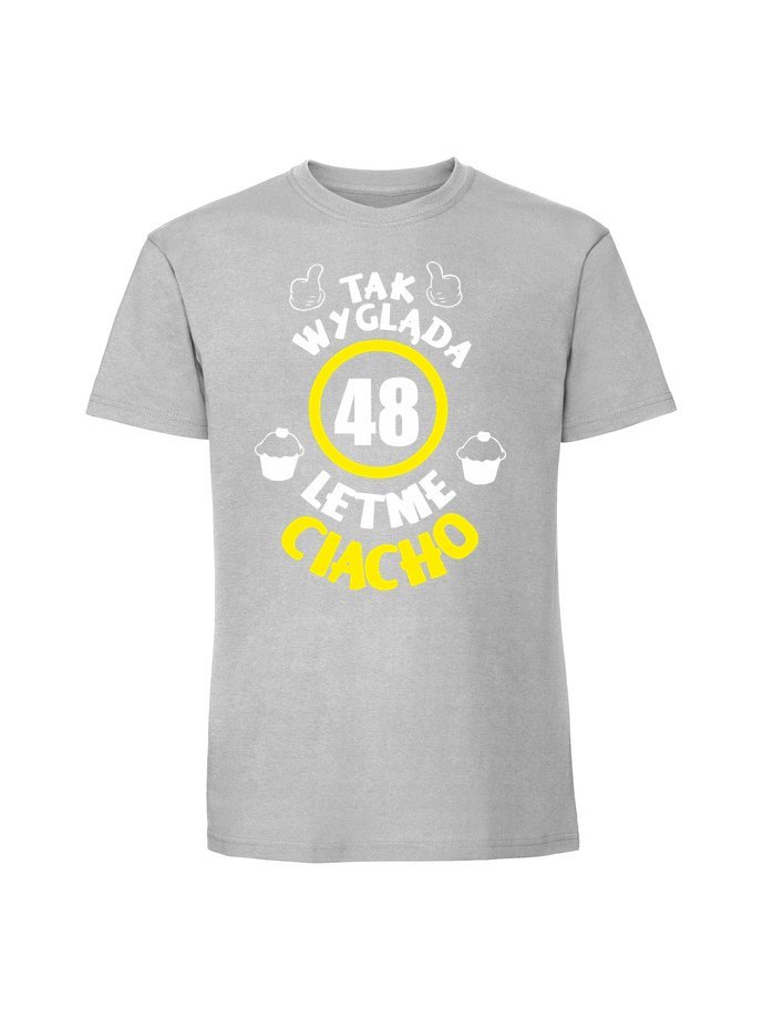 Męska koszulka z nadrukiem - 48 Ciacho + wiek 48 Pastelowy szary 3XL