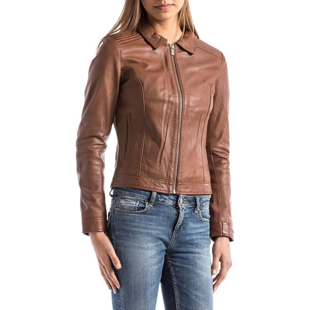 Kurtka damska Blue Wellford Sevara skórzana brązowa-L