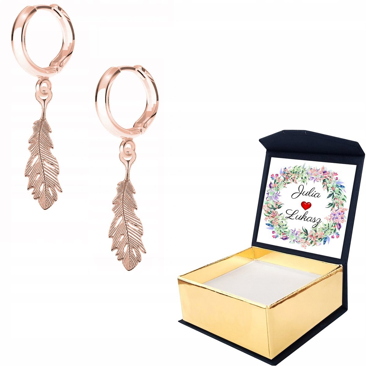 Kolczyki różowe złoto Pióro Piórko + WŁASNY NADRUK