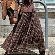 Spódnice - TEMU Elegancka Spódnica Midi w Stylu Koreańskim dla Kobiet - Wzór w Kratę (Brązowy/Beżowy), Bez Paska, Możliwość Prania w Pralce, Spódnica na Zimę i - miniaturka - grafika 1