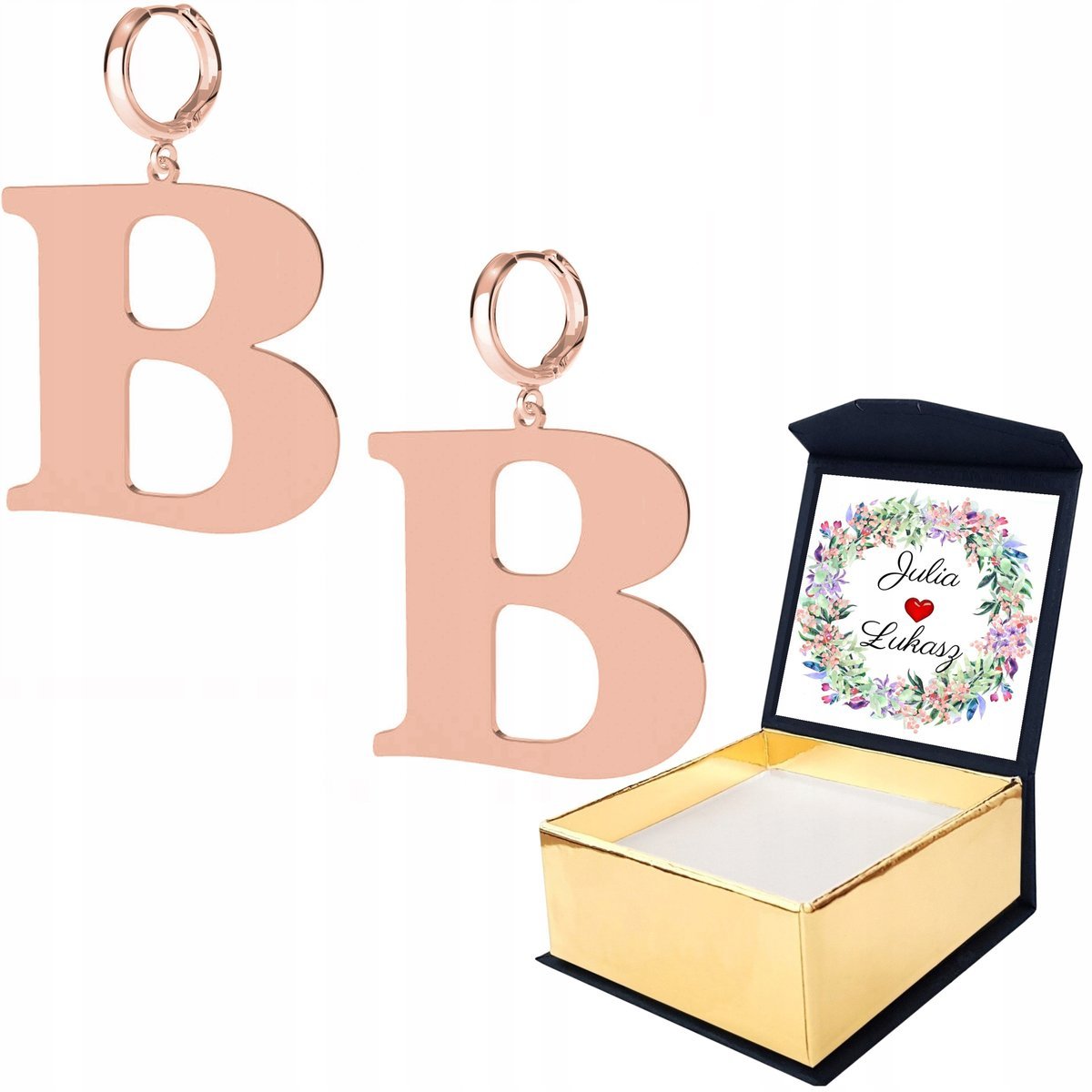 Kolczyki róż złoto Wielka Litera B WŁASNY NADRUK