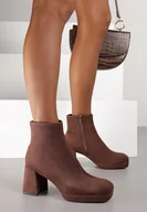 Botki damskie - Brązowe Botki do Kostki Vices na Słupku z Imitacji Zamszu Dodvire - miniaturka - grafika 1