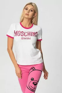 Koszulki i topy damskie - MOSCHINO SWIM - biały t-shirt z różowym logo - grafika 1