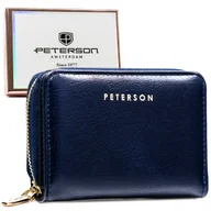 Portfele - Portfel damski ze skóry ekologicznej mały granatowy na zatrzask i suwak PETERSON pudełko prezentowe ochrona kart RFID STOP - miniaturka - grafika 1