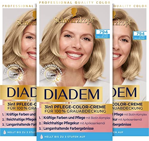 Schwarzkopf Diadem 3 w 1 krem pielęgnacyjny 794 Ultra jasny blond poziom 3 (3 x 170 ml), trwała farba do włosów, formuła pielęgnacji włosów dla zdrowego wyglądu, 100% pokrycie szarości