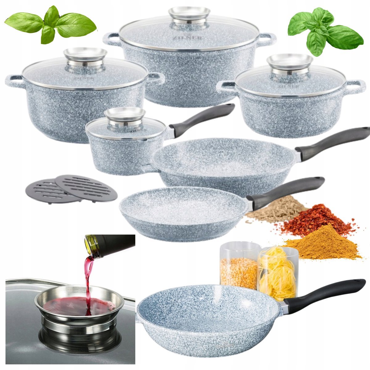 Duży Zestaw Garnków Patelnie Akcesoria ALUMINIUM MARMUR GAZ INDUKCJA 12el